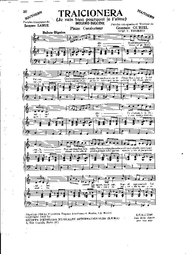 télécharger la partition d'accordéon Traicionera (Je sais bien pourquoi je l'aime) (Arrangement Yvonne Thomson) (Boléro Biguine) (Piano Conducteur) au format PDF