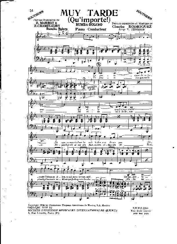 télécharger la partition d'accordéon Muy Tarde (Qu'importe) (Arrangement Yvonne Thomson) (Boléro) (Piano Conducteur) au format PDF