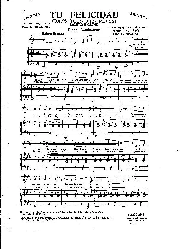 télécharger la partition d'accordéon Tu Felicidad (Dans tous mes rêves) (Arrangement Yvonne Thomson) (Boléro Biguine) (Piano Conducteur) au format PDF