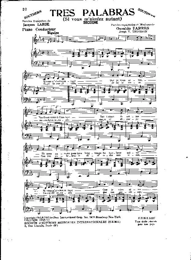 télécharger la partition d'accordéon Tres Palabras (Si vous m'aimiez autant) (Arrangement Yvonne Thomson) (Biguine) (Piano Conducteur) au format PDF
