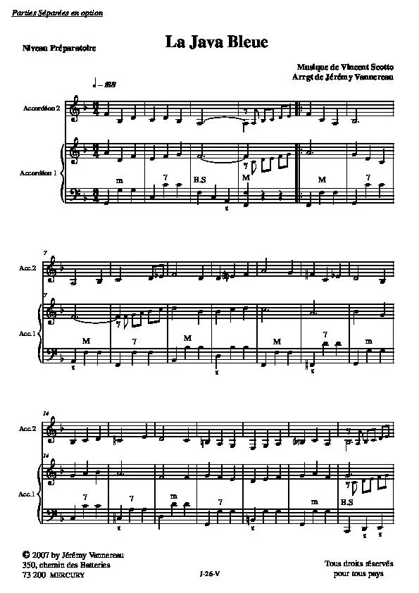 télécharger la partition d'accordéon La java bleue (Duo Accordéons) (De Vincent Scotto) au format PDF