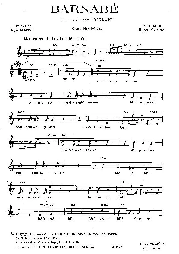 télécharger la partition d'accordéon Barnabé (Chant : Fernandel) (Fox Trot Chanté) au format PDF
