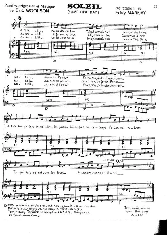 télécharger la partition d'accordéon Soleil (Some fine day) au format PDF