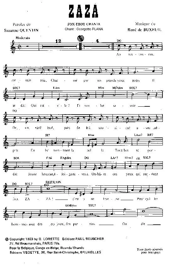 télécharger la partition d'accordéon Zaza (Chant : Georgette Plana) au format PDF