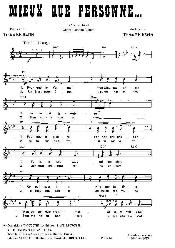 télécharger la partition d'accordéon Mieux que personne (Chant : Jeanne Aubert) (Tango Chanté) au format PDF