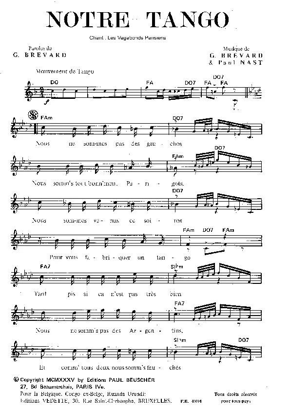 télécharger la partition d'accordéon Notre tango (Chant : Les vagabonds Parisiens) au format PDF