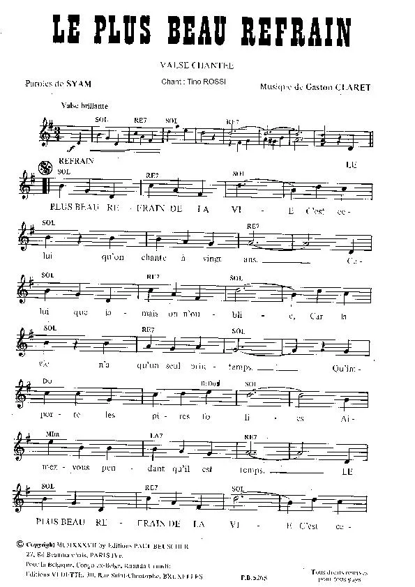 télécharger la partition d'accordéon Le plus beau refrain (Chant : Tino Rossi) (Valse Chantée) au format PDF