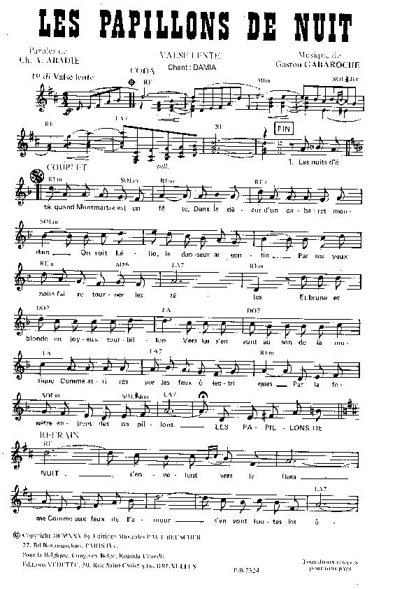 télécharger la partition d'accordéon Les papillons de nuit (Chant : Damia) (Valse) au format PDF