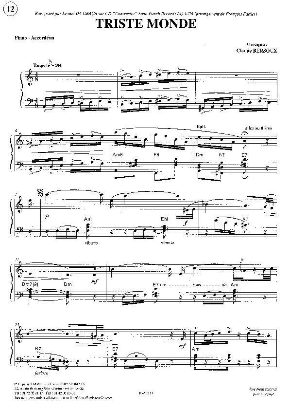télécharger la partition d'accordéon Triste Monde (Tango) au format PDF