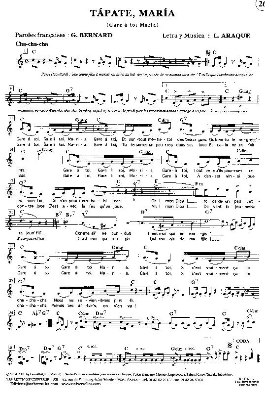 télécharger la partition d'accordéon Tapate Maria (Gare à toi Maria) (Cha cha cha) au format PDF