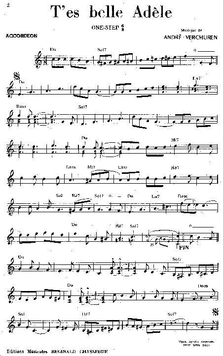 télécharger la partition d'accordéon T'es belle Adèle (One Step) au format PDF