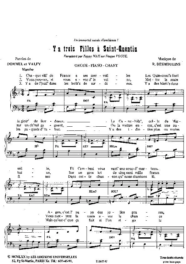 télécharger la partition d'accordéon Y a trois filles à Saint-Quentin (Chant : Zappy Max) (Marche) au format PDF