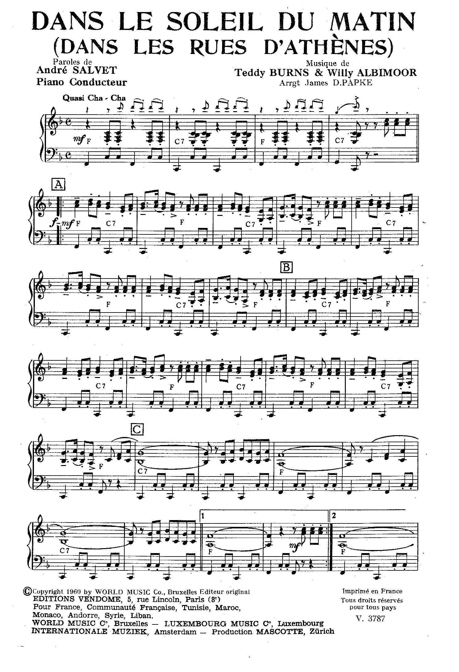 télécharger la partition d'accordéon Dans le soleil du matin (Dans les rues d'Athènes) (Cha Cha) au format PDF