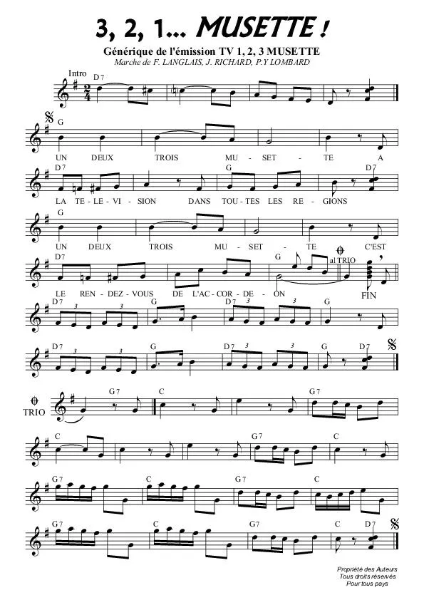 télécharger la partition d'accordéon 3 2 1 Musette (Générique de l'émission TV 1 2 3 Musette) au format PDF