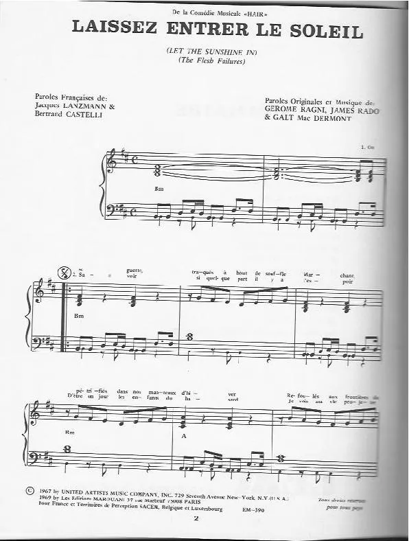 télécharger la partition d'accordéon Laissez entrer le soleil (Let the sunshine in) (De la Comédie Musicale : Hair) au format PDF