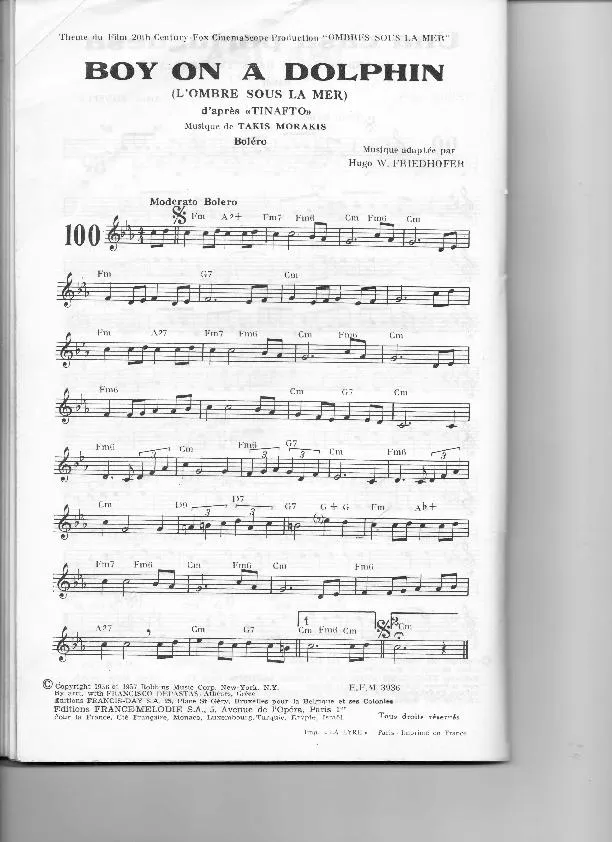 télécharger la partition d'accordéon Boy on a dolphin (L'ombre sous la mer) (Boléro) au format PDF