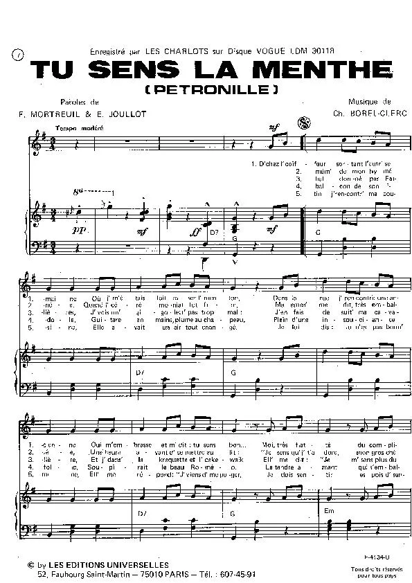 télécharger la partition d'accordéon Tu sens la menthe (Pétronille) (Chant : Les Charlots) au format PDF