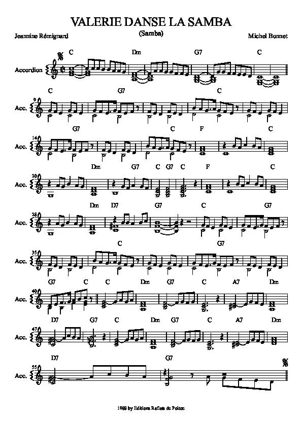 télécharger la partition d'accordéon Valérie danse la samba au format PDF