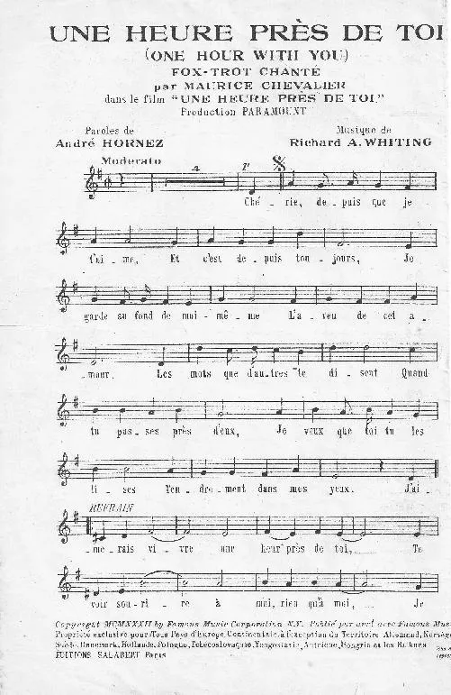 télécharger la partition d'accordéon Une heure près de toi (One hour with you) (Fox Trot Chanté) au format PDF