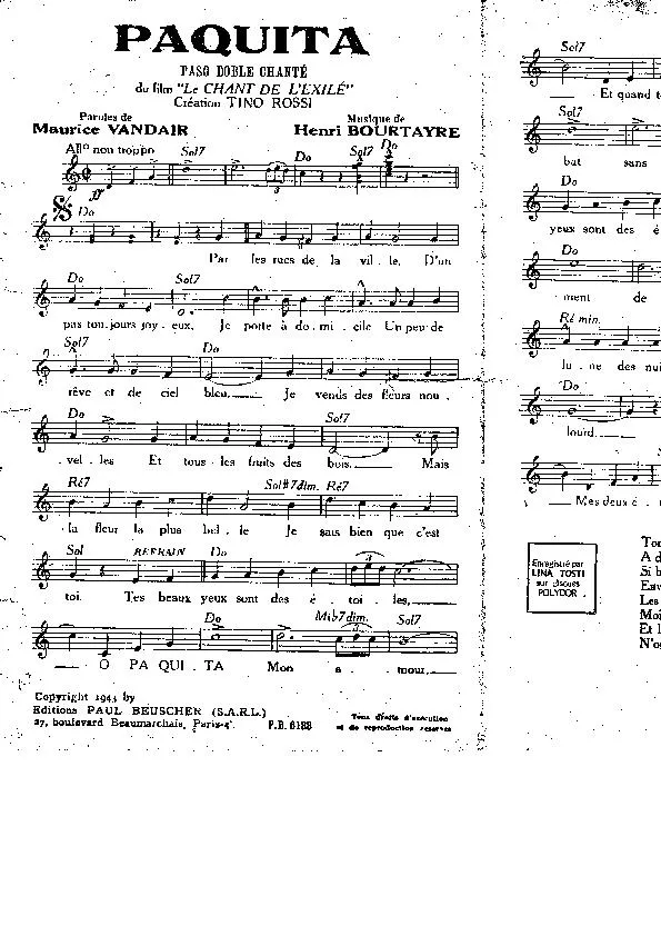 télécharger la partition d'accordéon Paquita (Du film : Le chant de l'Exilé) (Chant : Tino Rossi) (Paso Doble Chanté) au format PDF