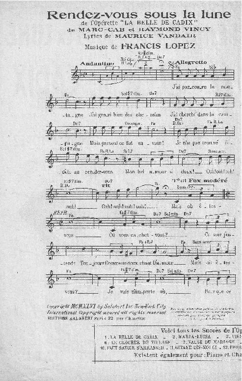 télécharger la partition d'accordéon Rendez vous sous la lune (De l'opérette : La belle de Cadix) au format PDF