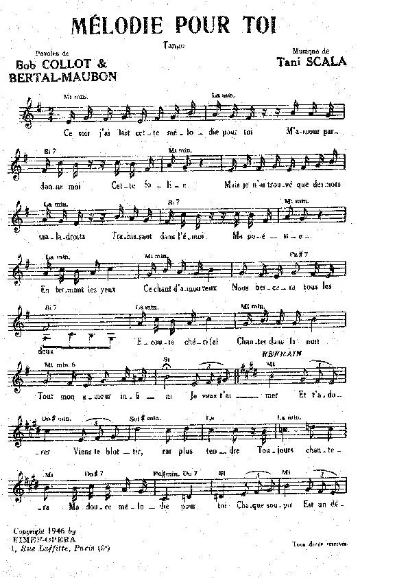 télécharger la partition d'accordéon Mélodie pour toi (Tango) au format PDF