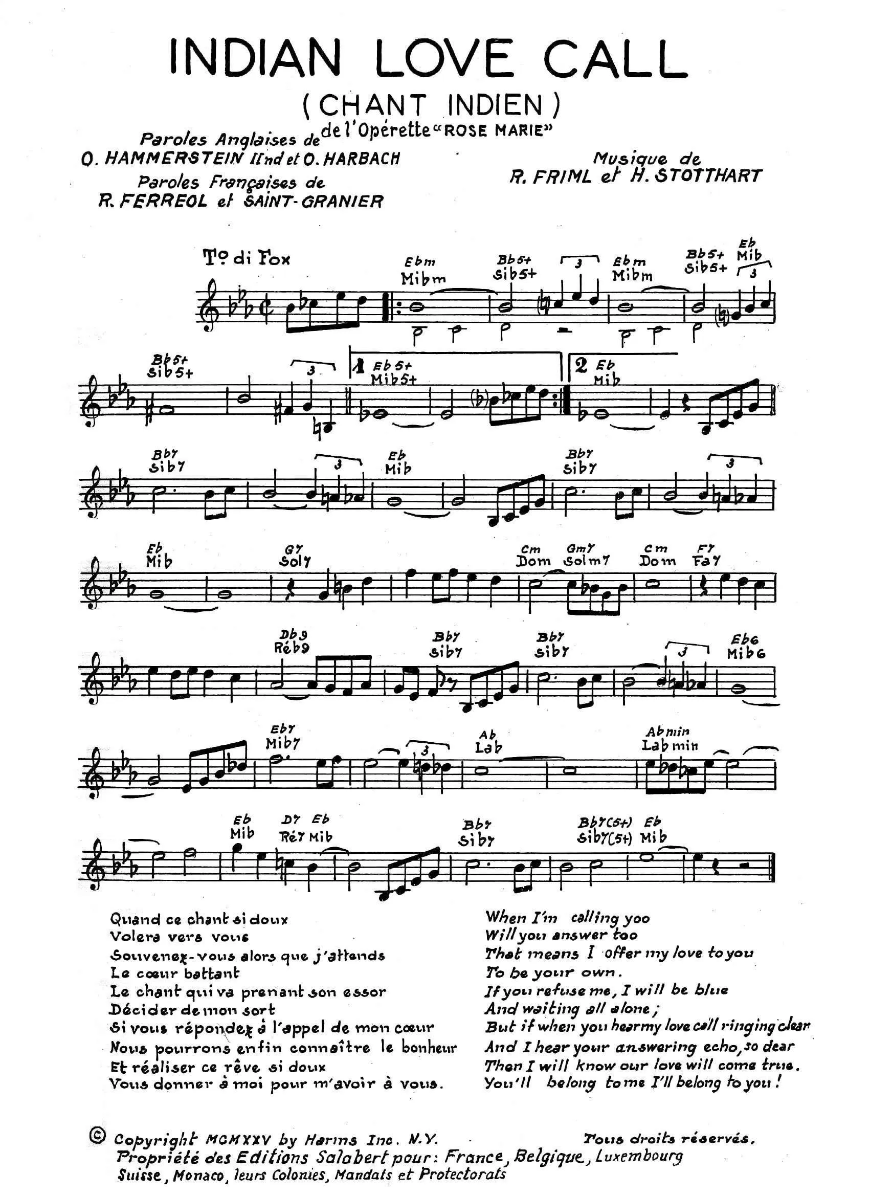 télécharger la partition d'accordéon Indian love call (Chant Indien) (De l'opérette : Rose Marie) au format PDF