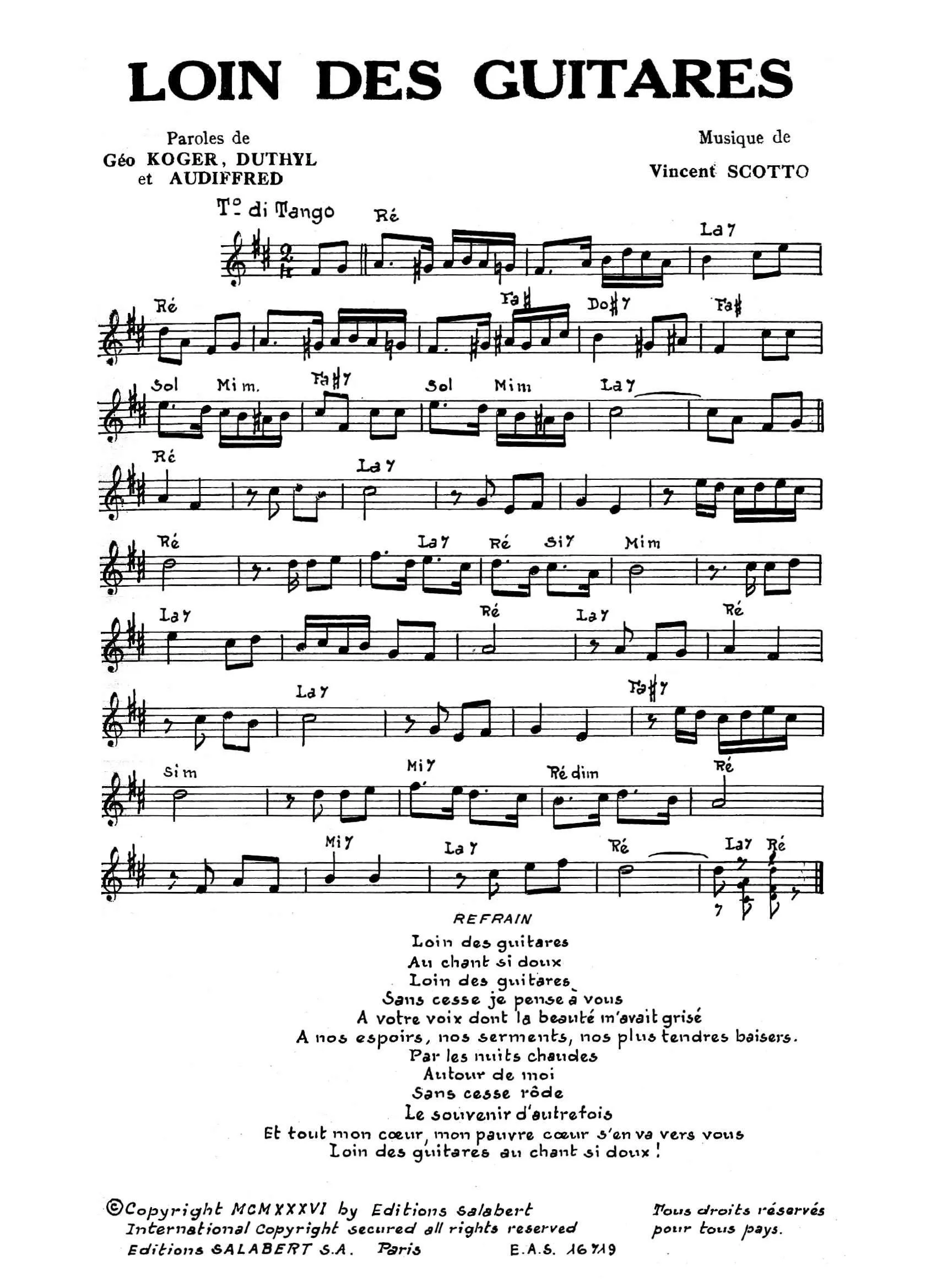 télécharger la partition d'accordéon Loin des guitares (Tango) au format PDF