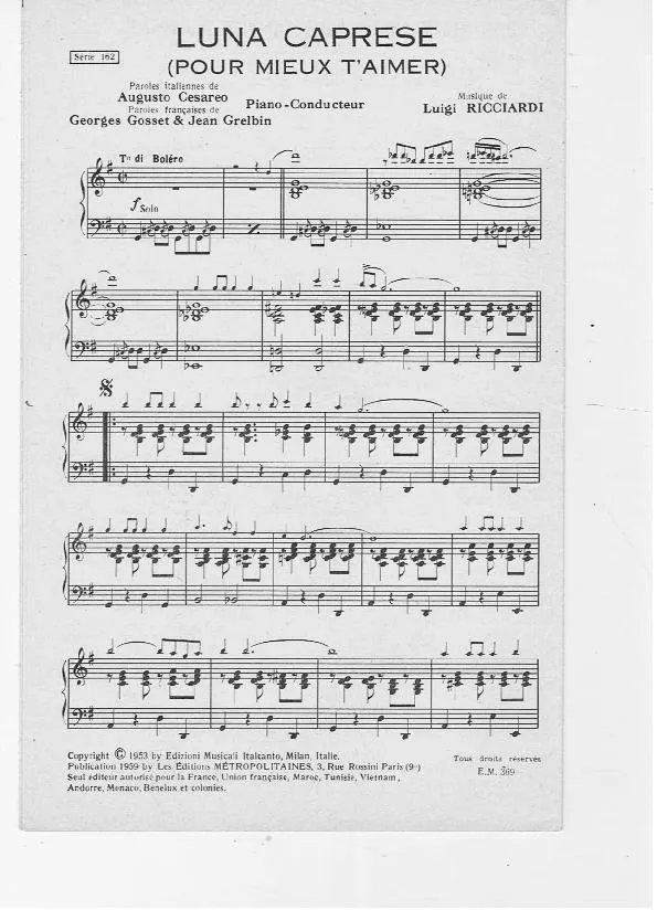 télécharger la partition d'accordéon Luna Caprese (Pour mieux t'aimer) (Boléro) (Piano) au format PDF