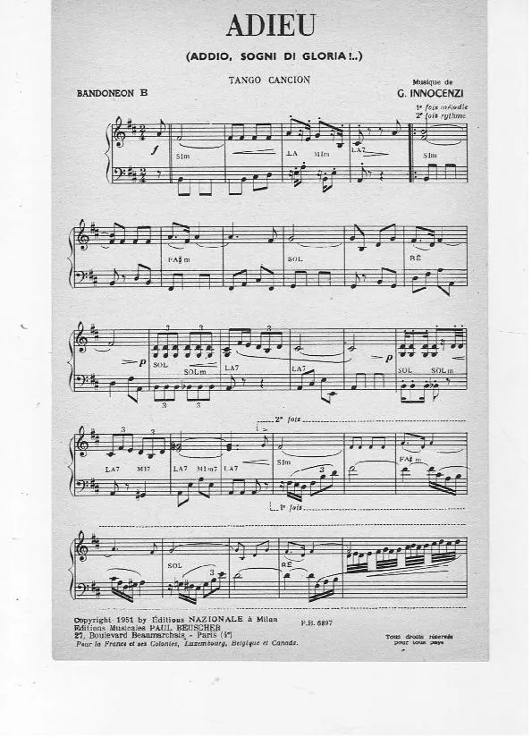 télécharger la partition d'accordéon Adieu (Addio Sogni di Gloria) (Partie : Bandonéon B) (Tango) au format PDF