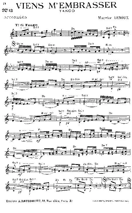 télécharger la partition d'accordéon Viens m'embrasser (Tango) au format PDF