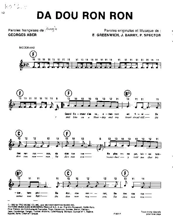 télécharger la partition d'accordéon Da dou ron ron (Chant : The Crystals / Johnny Hallyday) (Rock and Roll) au format PDF
