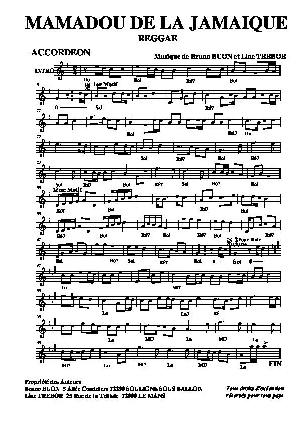 télécharger la partition d'accordéon Mamadou de la Jamaïque (Reggae) au format PDF
