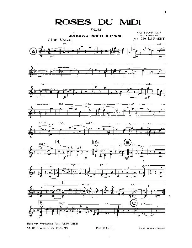 télécharger la partition d'accordéon Roses du midi (Arrangement : Léo Laurent) (Valse) au format PDF