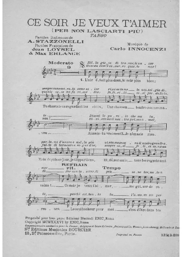 télécharger la partition d'accordéon Ce soir je veux t'aimer (Per non lasciarti più) (Tango) au format PDF