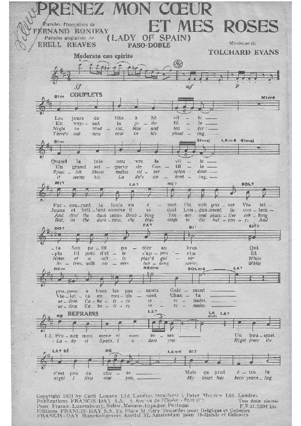 télécharger la partition d'accordéon Prenez mon cœur et mes roses (Lady of Spain) (Paso Doble Chanté) au format PDF