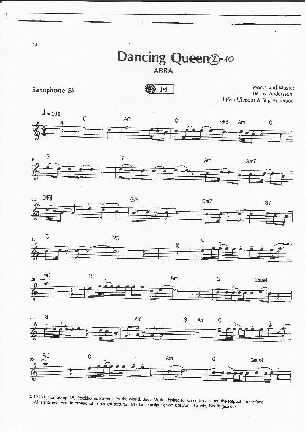 télécharger la partition d'accordéon Dancing Queen (Chant : Abba) (Partie Saxophone sib) au format PDF