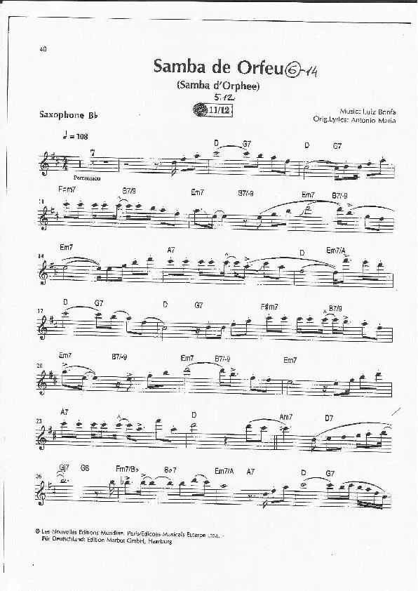télécharger la partition d'accordéon Samba de Orfeu (Samba d'Orphée) (Partie Saxophone sib) au format PDF