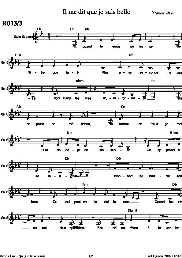 télécharger la partition d'accordéon Il me dit que je suis belle (Chant : Patricia Kass) au format PDF