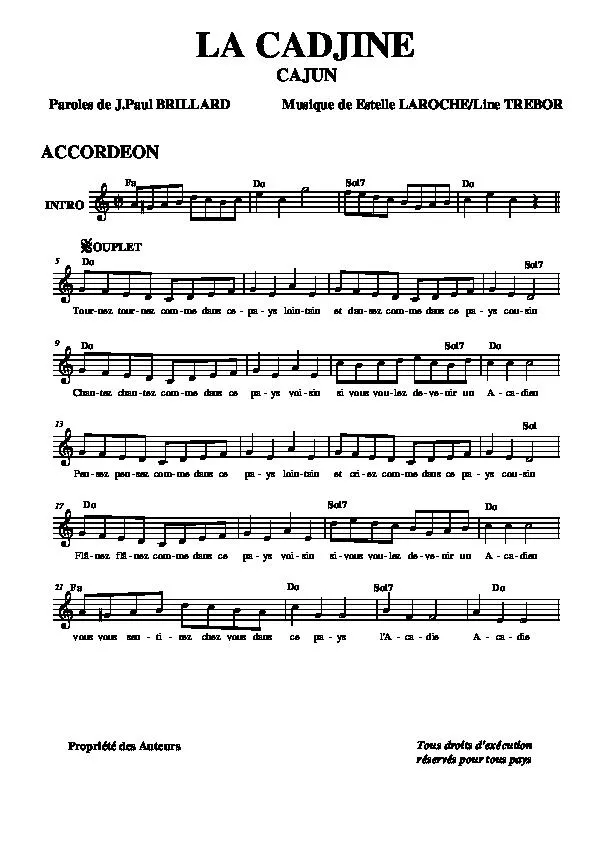 télécharger la partition d'accordéon La cadjine (Cajun chanté) au format PDF