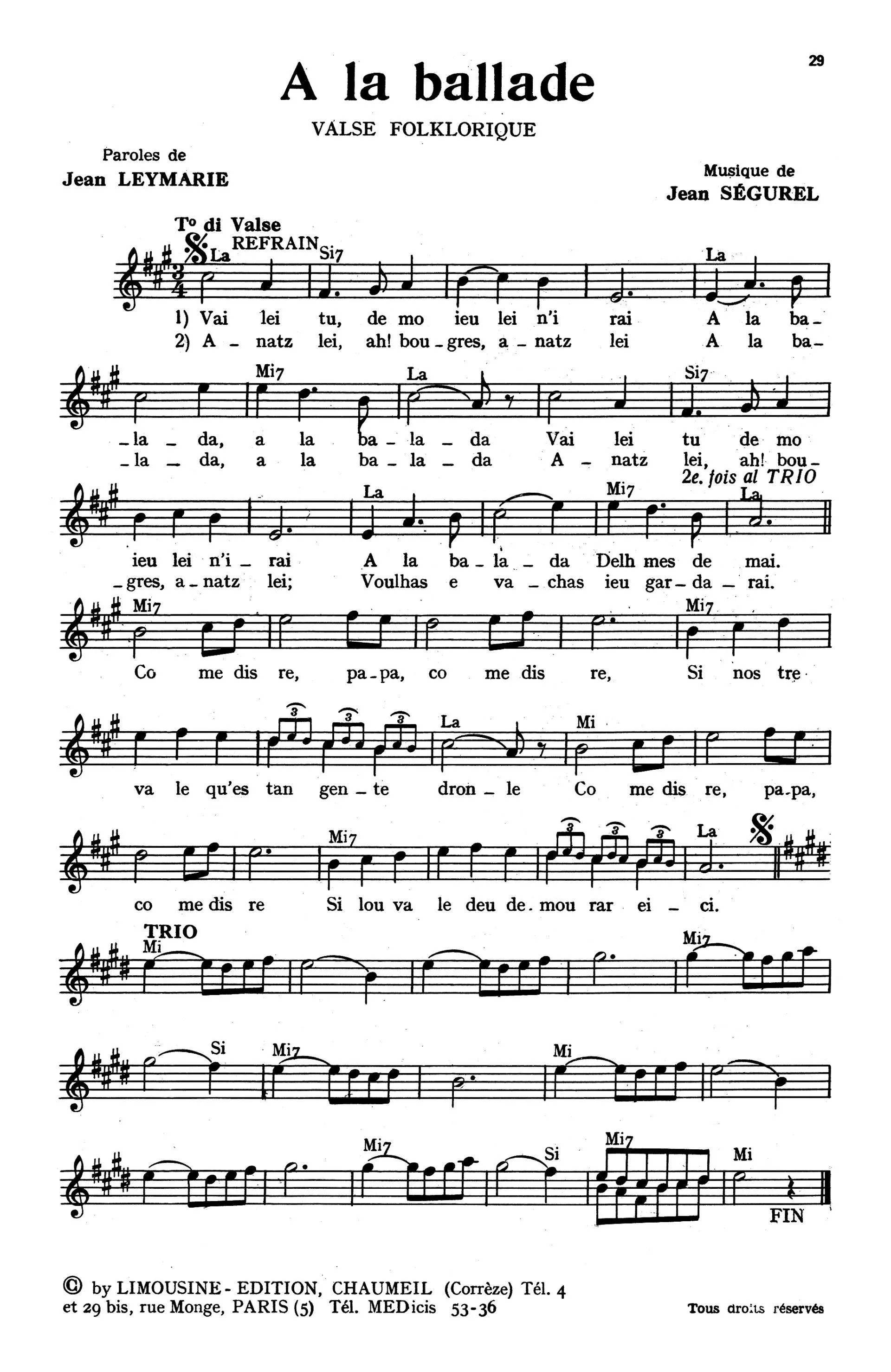 télécharger la partition d'accordéon A la ballade (Valse folklorique) au format PDF