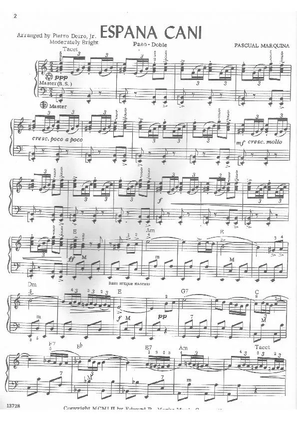 télécharger la partition d'accordéon España Cañi (Arrangement : Pietro Deiro) (Paso Doble) au format PDF