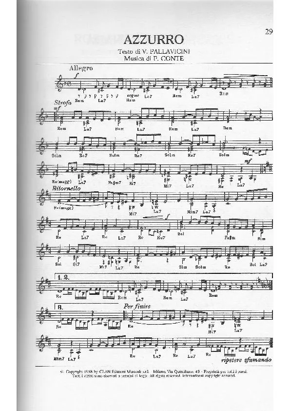 télécharger la partition d'accordéon Azzurro (Chant : Adriano Celentano) au format PDF