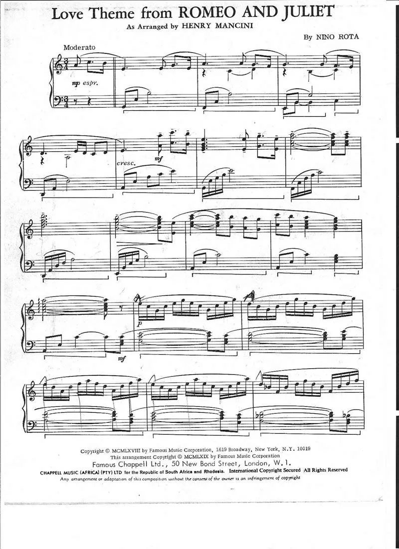 télécharger la partition d'accordéon Love theme from Roméo and Juliet (Arrangement : Henry Mancini) au format PDF