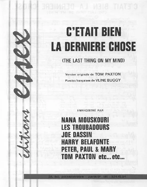 télécharger la partition d'accordéon C'était bien la dernière chose (The last thing on my mind) (Chant : Joe Dassin)  au format PDF