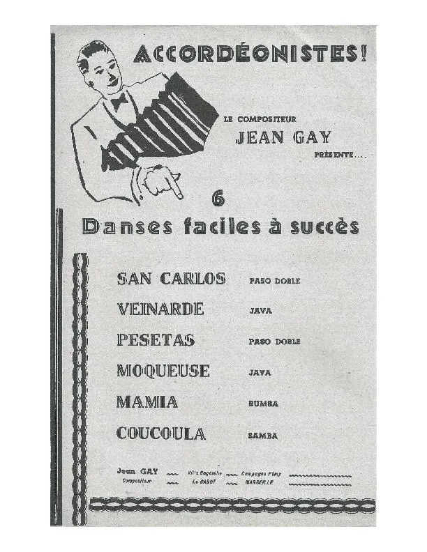télécharger la partition d'accordéon Accordéonistes : Recueil 6 Danses faciles à succès (San Carlos + Veinarde + Pesetas + Moqueuse + Mamia + Coucoula) au format PDF