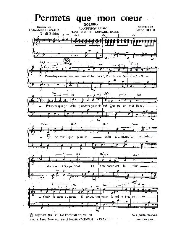télécharger la partition d'accordéon Permets que mon cœur (Orchestration Complète) (Boléro)  au format PDF