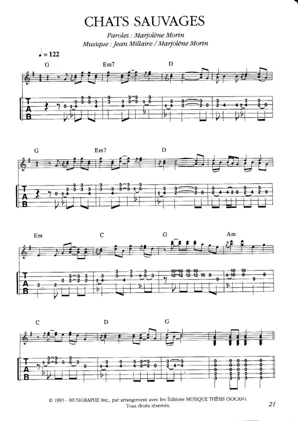 télécharger la partition d'accordéon Chats sauvages (Tablature guitare) au format PDF