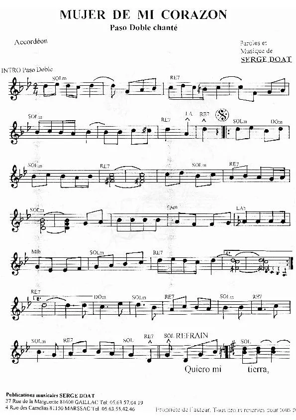 télécharger la partition d'accordéon Mujer de mi corazon (Paso Doble Chanté) au format PDF