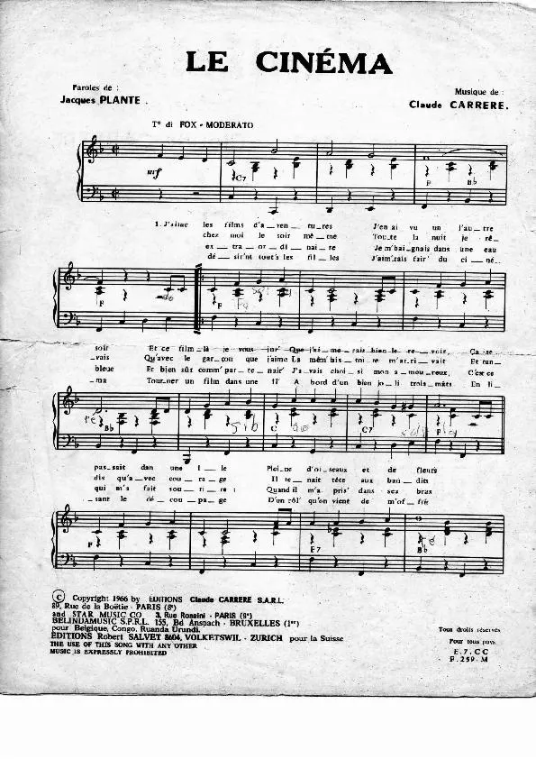 télécharger la partition d'accordéon Le cinéma (Chant : Sheila) au format PDF